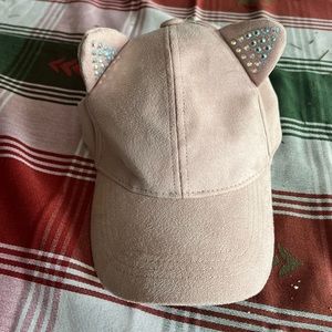 Little girl faux suede pink kitty ear baseball cap.